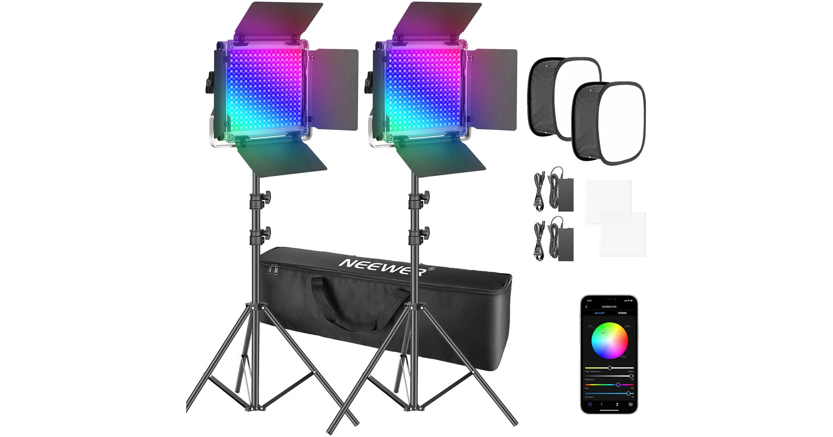 Neewer LED video light kit with stands, filters, and smartphone app on a white background