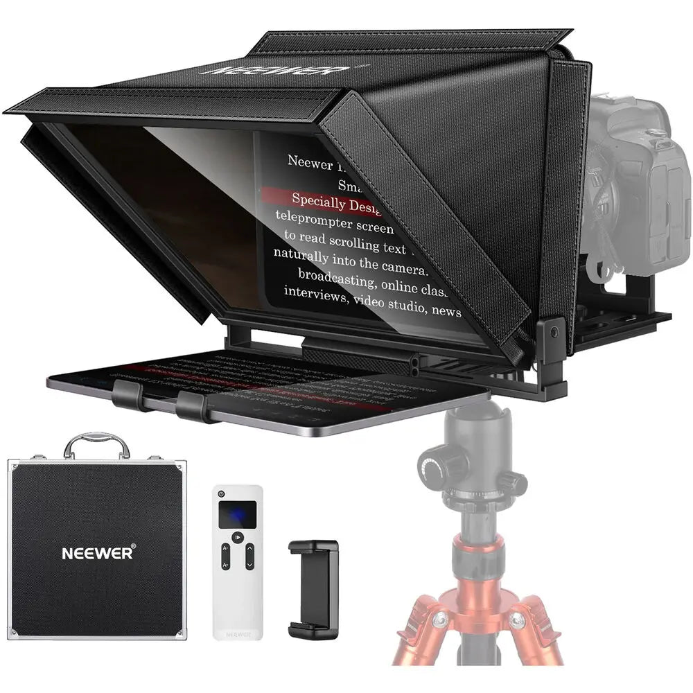 Neewer teleprompter screen with carrying case and remote control on a white background