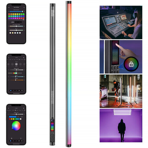 Collage of a color-changing LED strip light with smartphone app controls and various usage scenarios.