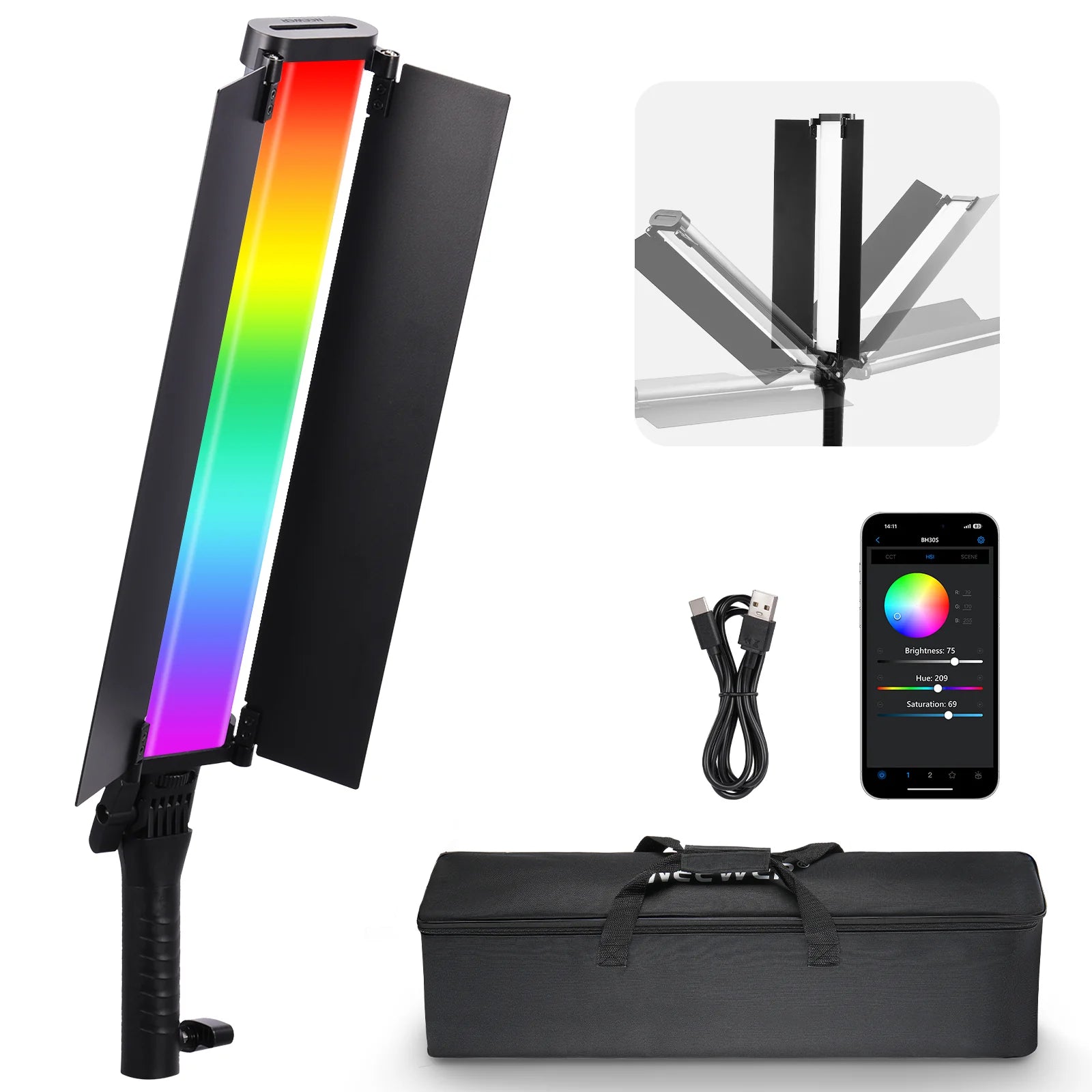 Colorful LED light panel with carrying case, cable, and smartphone app on a white background