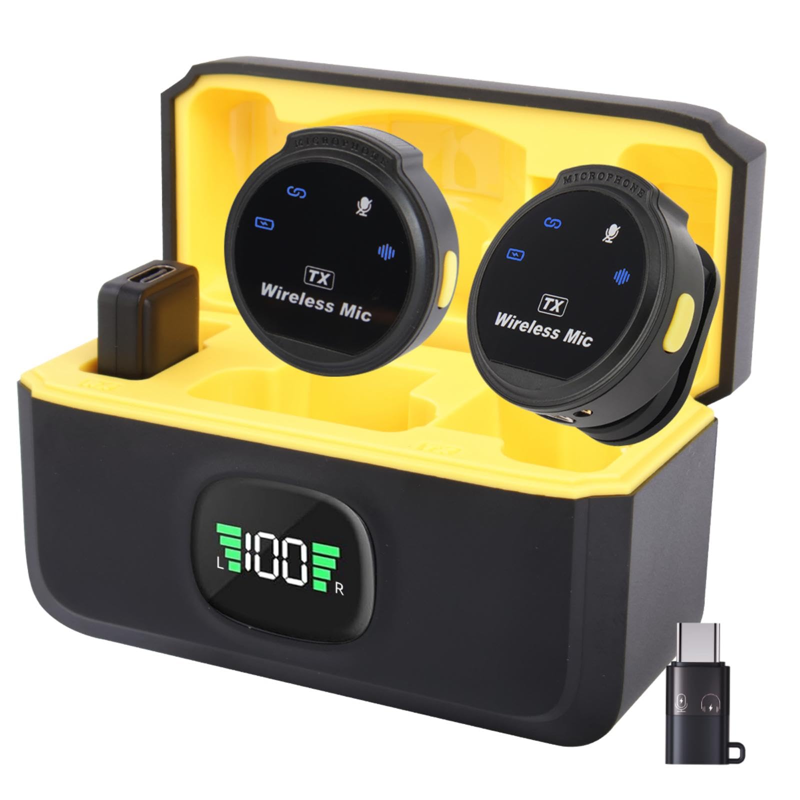 Yellow and black wireless microphone system with receiver and transmitter on a white background
