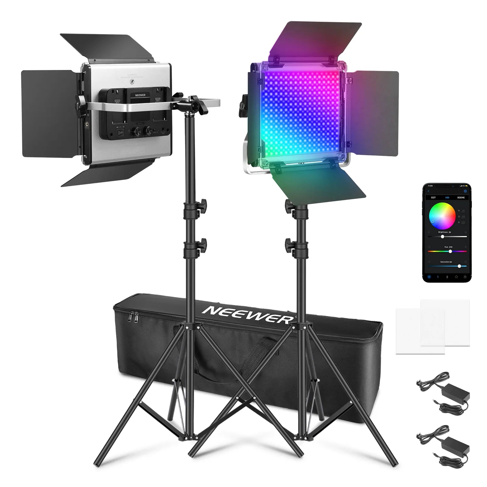 Neewer video light kit with stands, color display, and accessories on a white background
