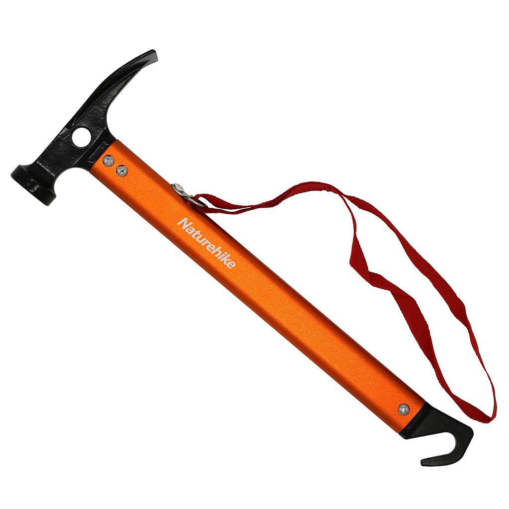 Orange ice axe with black handle and red lanyard on a white background