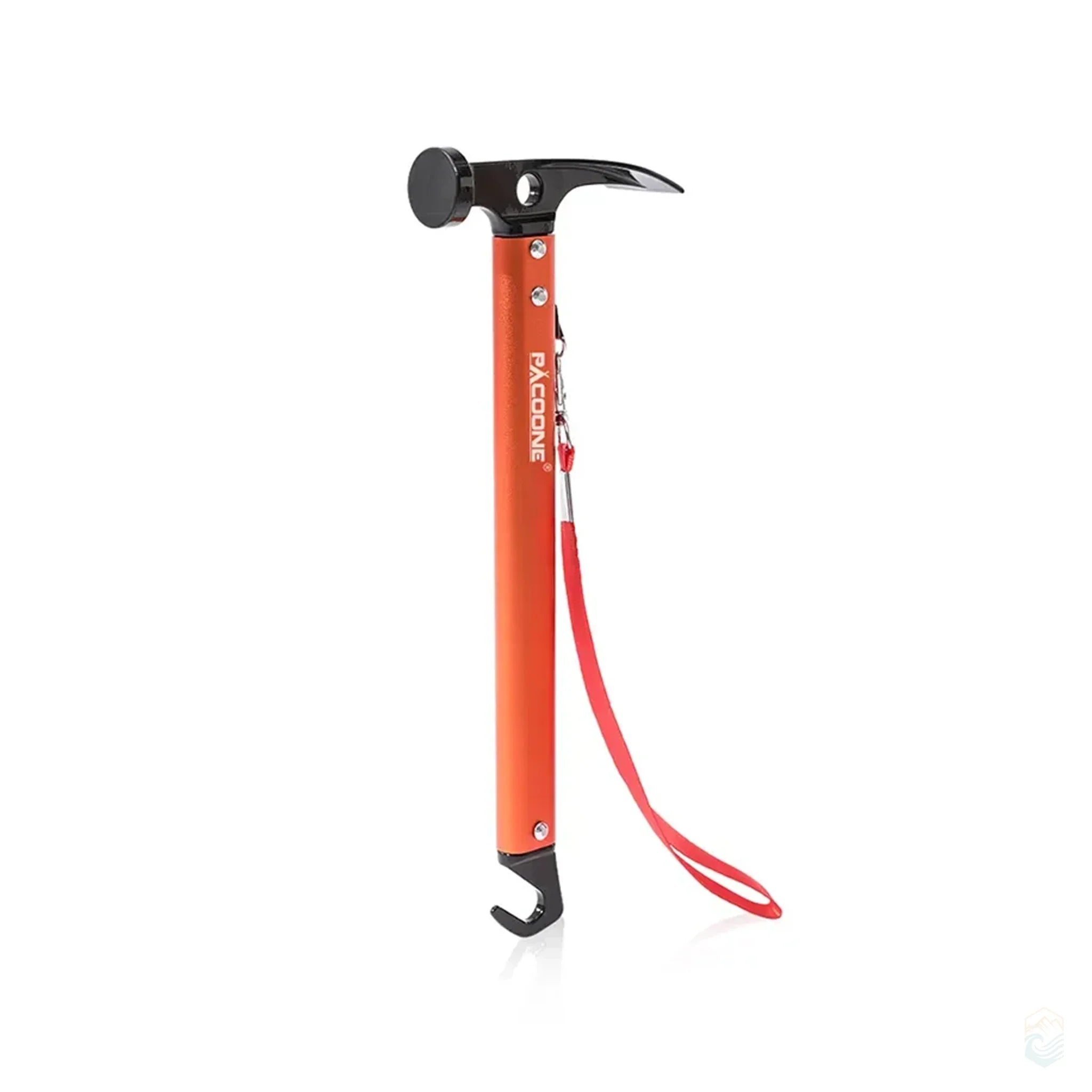 Orange and black hammer with a red strap on a white background