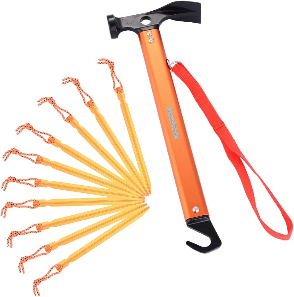 Orange metal tool with red lanyard and multiple orange hooks on a white background