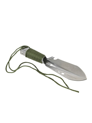 Small gardening trowel with a green handle on a white background