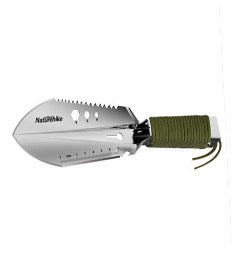 Metal garden trowel with green handle on a white background