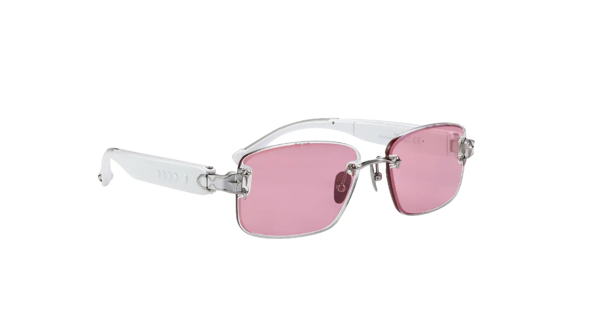 Sunglasses with pink lenses and white frame on a white background