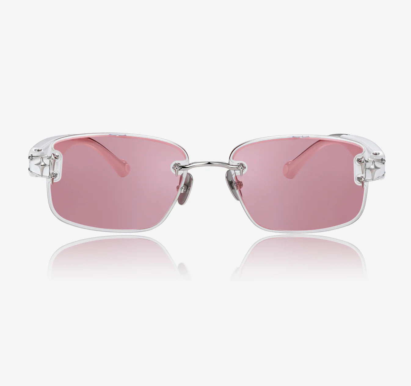 Sunglasses with pink lenses and clear frame on a white background