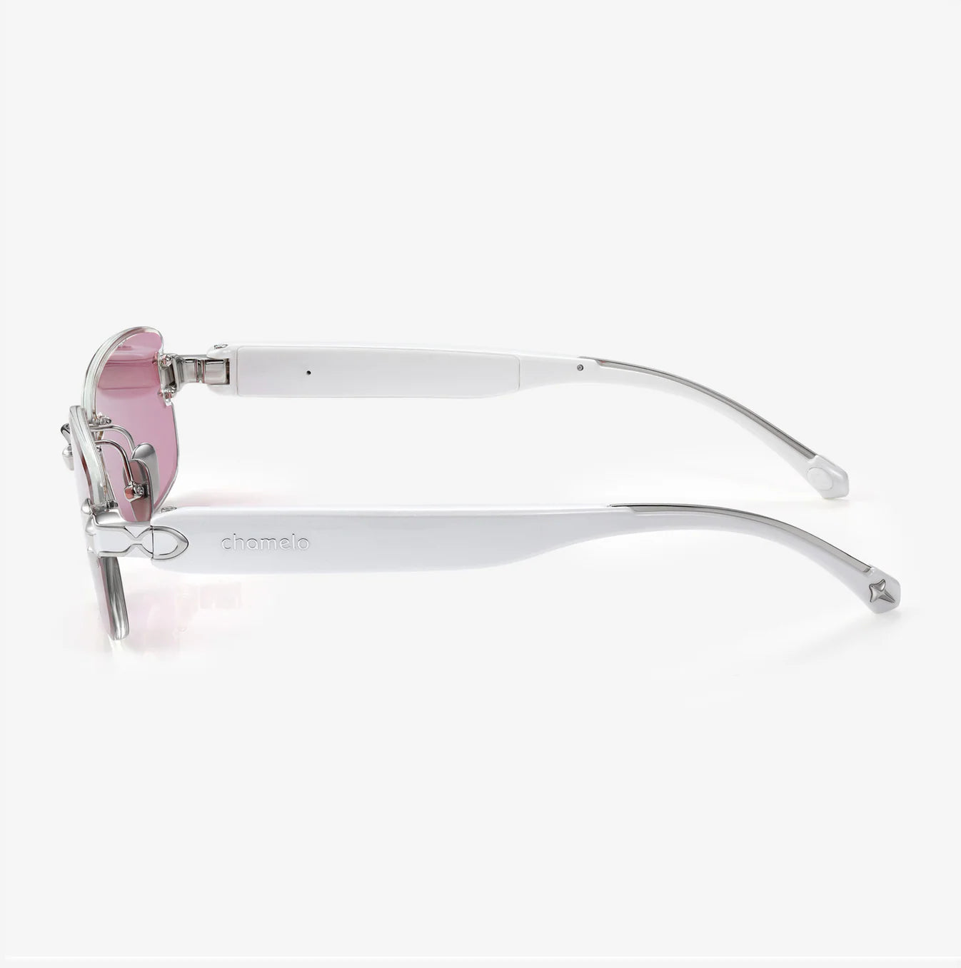 Sunglasses with pink lenses and silver frames on a white background