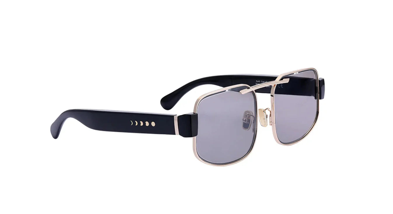 Sunglasses with black frame and reflective lenses on a white background