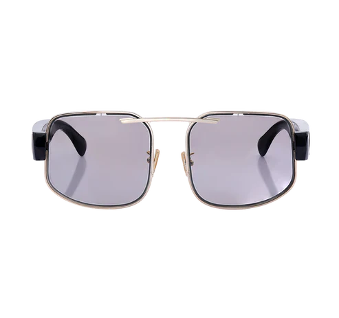 Sunglasses with gold frame and black arms on a white background
