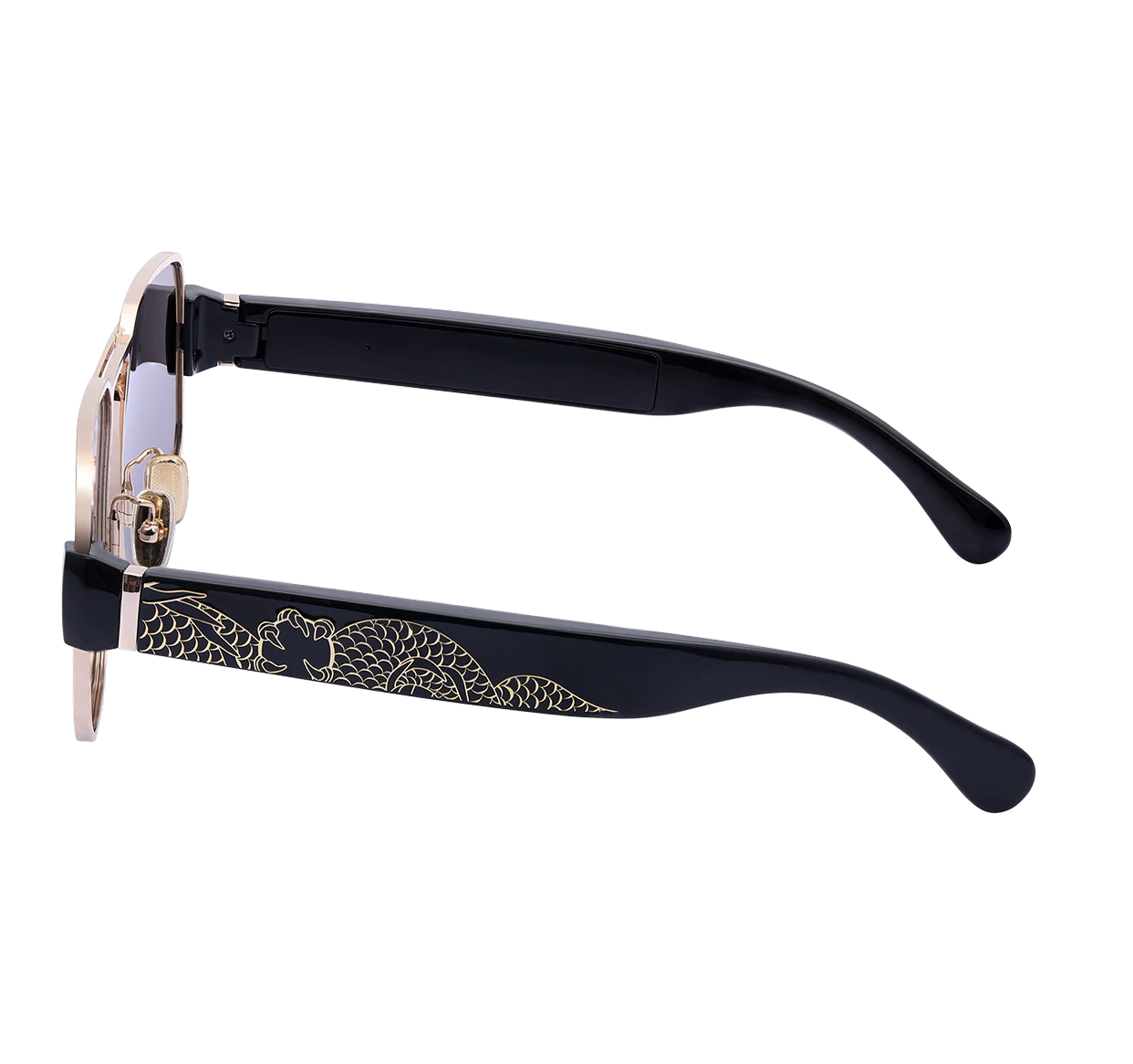 Black sunglasses with gold detailing on a white background