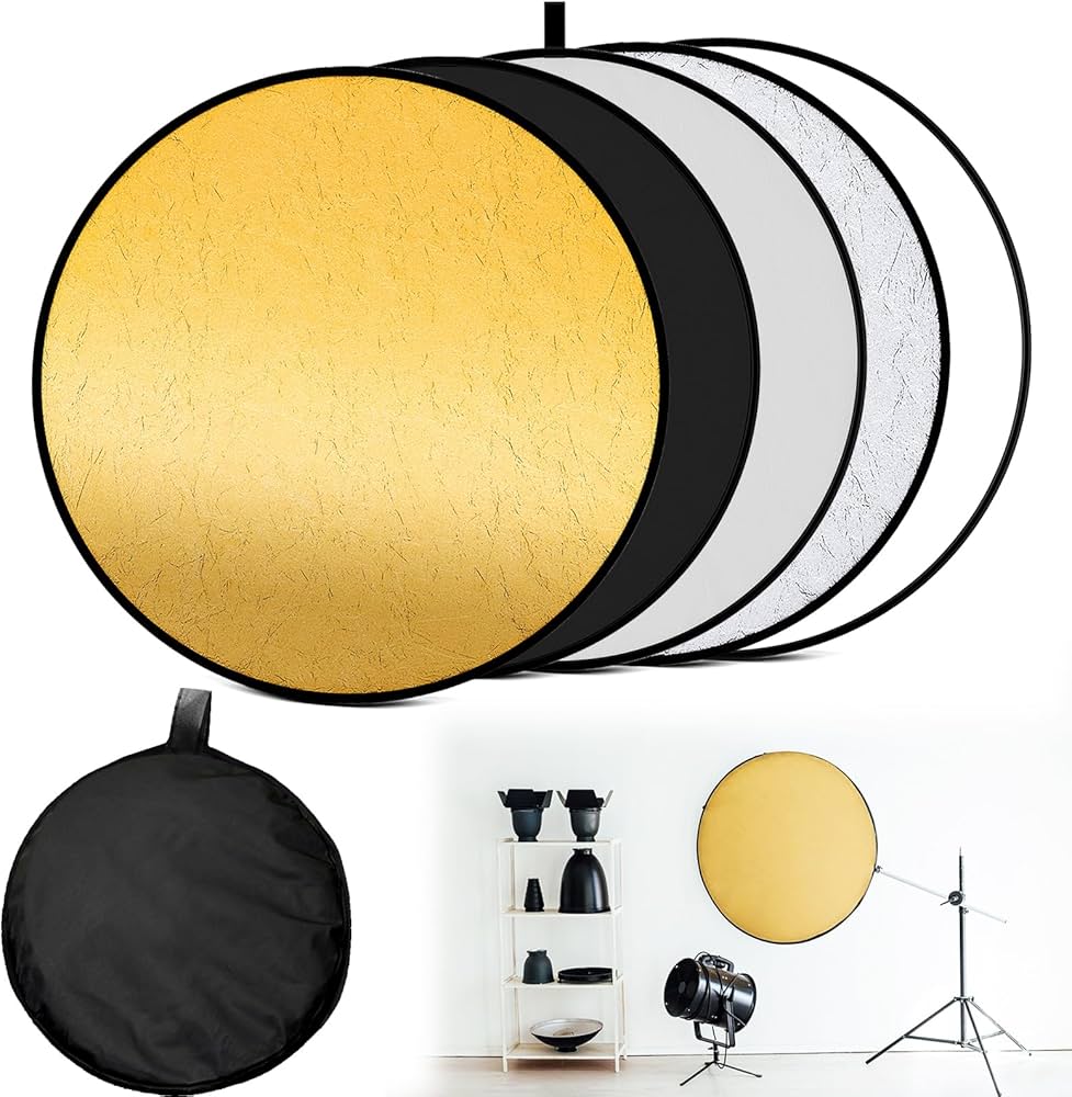 Set of round photography reflectors with gold, silver, black, and white surfaces, shown with a carrying case and studio setup.
