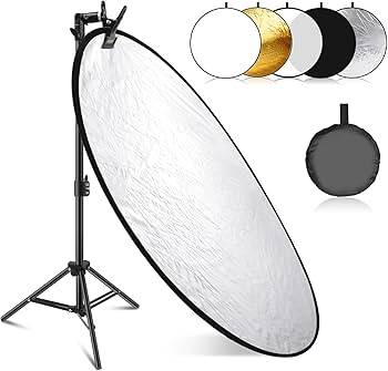 Reflective photography screen with stand and color filters on a white background