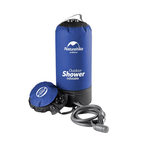 Blue inflatable outdoor shower with pump and hose on a white background