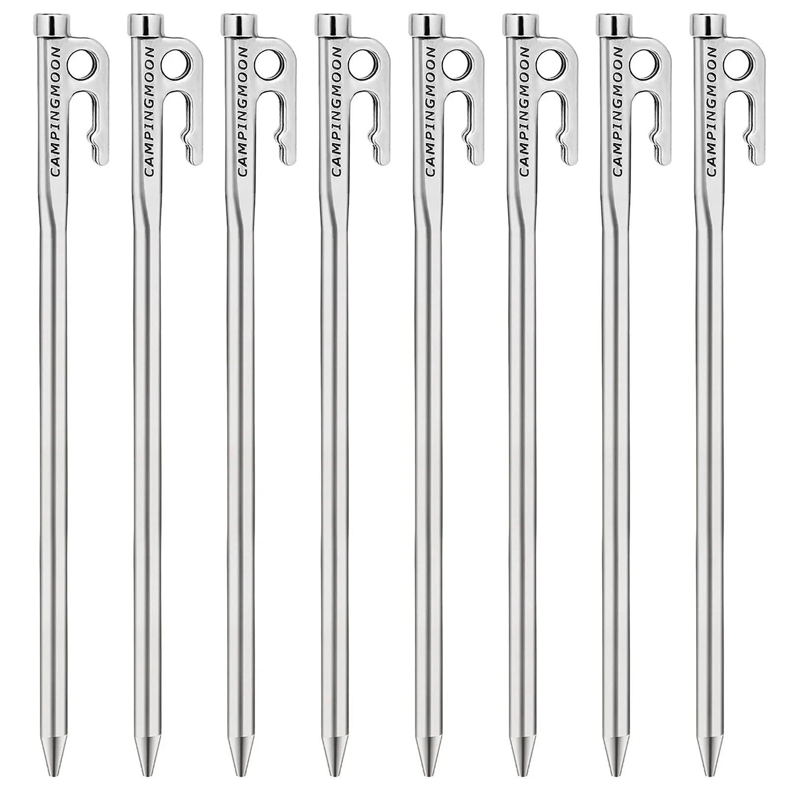 Set of eight silver tent stakes with 'Campingmoon' branding on a white background