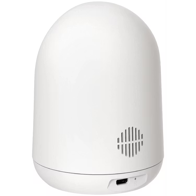 White cylindrical device with a speaker grille on a white background